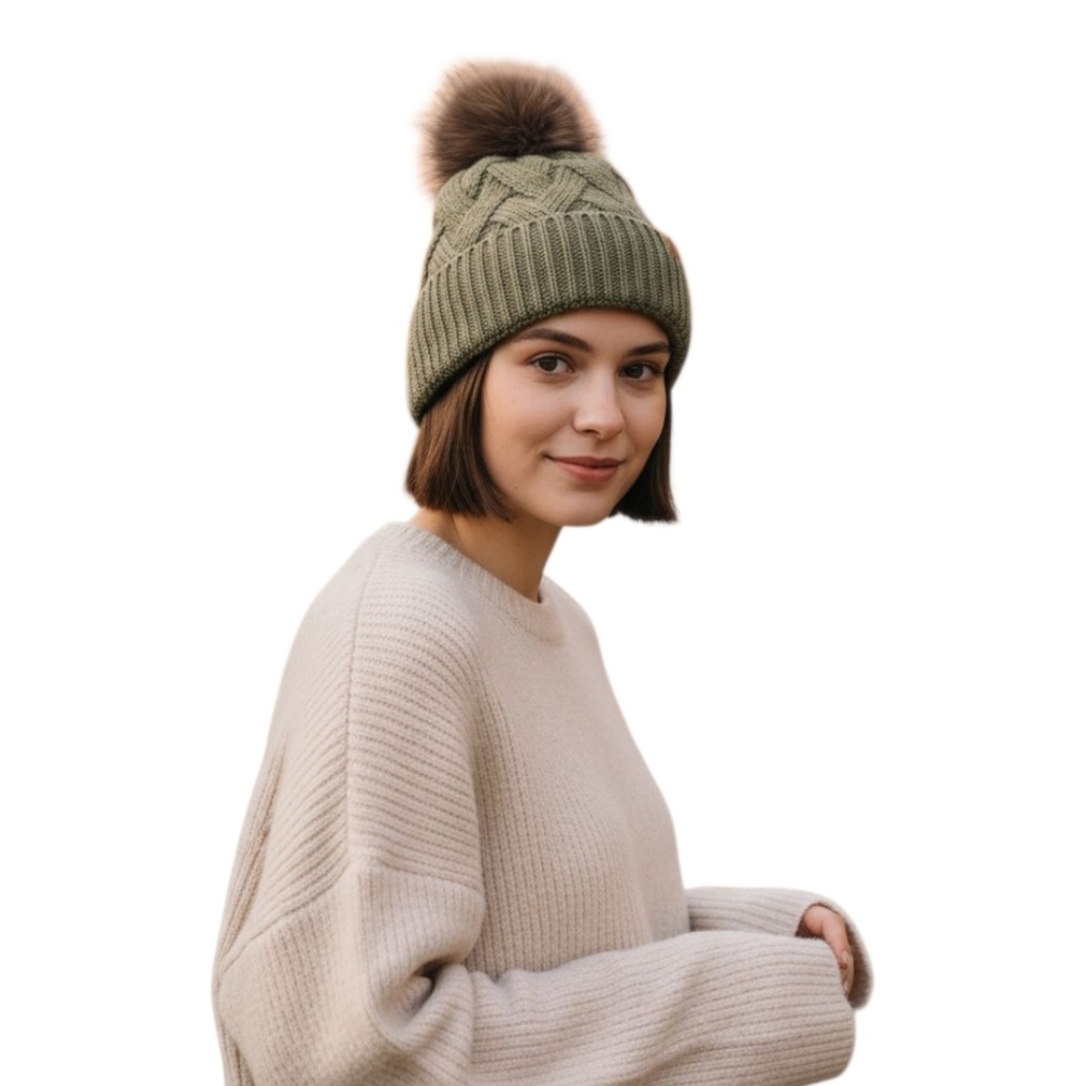 Steve Madden NWT Beanie in Olive Puff Ball